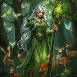 Depict Thessira Sunwing, an elegant elven druid with flowing green robes and delicate, leaf-like armor