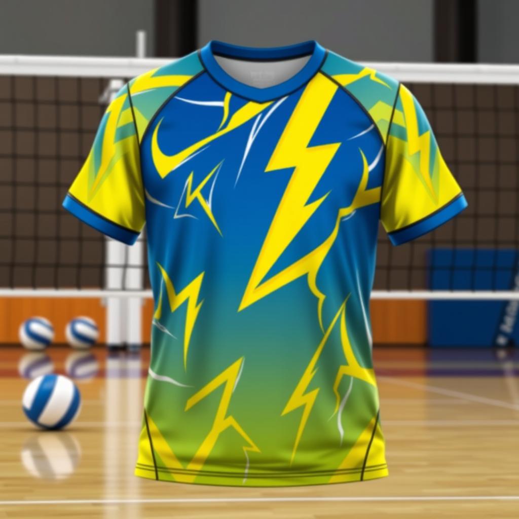 A detailed image of a volleyball jersey with a lightning bolt theme