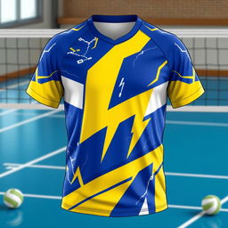 A detailed image of a volleyball jersey with a lightning bolt theme