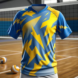 A detailed image of a volleyball jersey with a lightning bolt theme