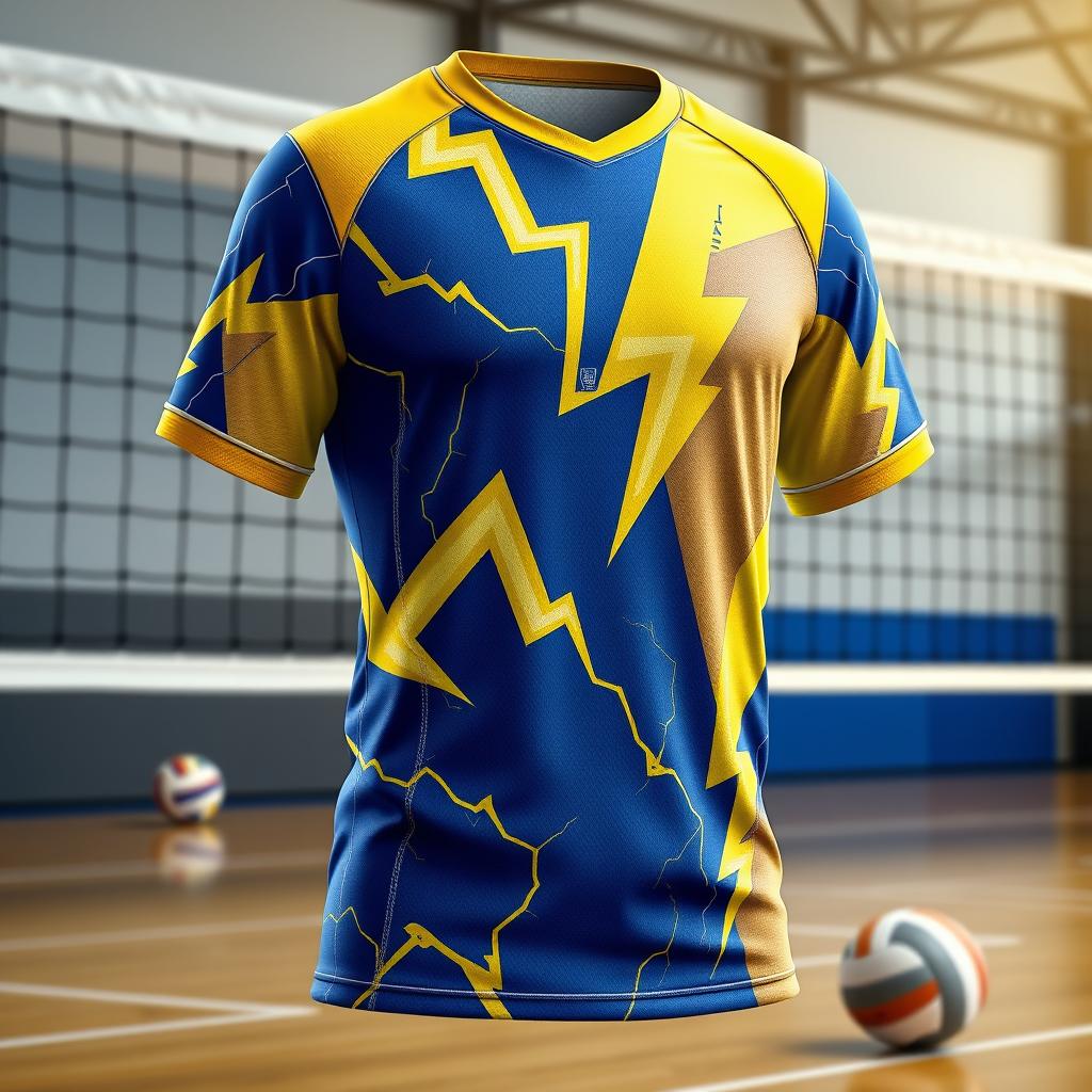 A detailed image of a volleyball jersey with a lightning bolt theme