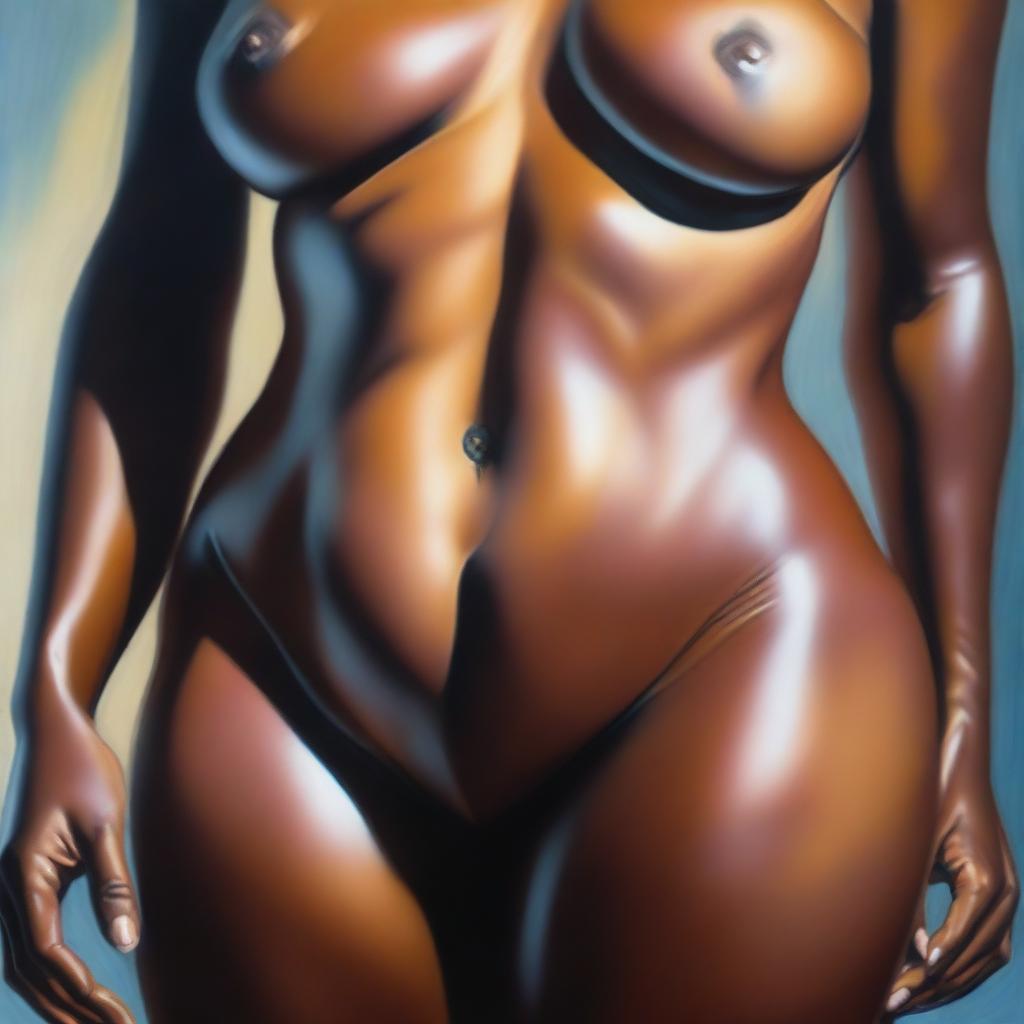 A polished, finished oil-based painting featuring a close-up, front view of the pelvic region of a sexy, slim black woman with voluptuous, thick, close-together, shiny oiled thighs