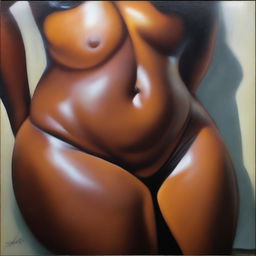 A polished, finished oil-based painting featuring a close-up, front view of the pelvic region of a sexy, slim black woman with voluptuous, thick, close-together, shiny oiled thighs