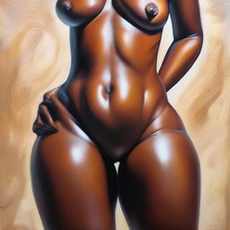 A polished, finished oil-based painting featuring a close-up, front view of the pelvic region of a sexy, slim black woman with voluptuous, thick, close-together, shiny oiled thighs