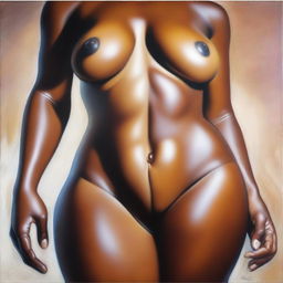 A polished, finished oil-based painting featuring a close-up, front view of the pelvic region of a sexy, slim black woman with voluptuous, thick, close-together, shiny oiled thighs