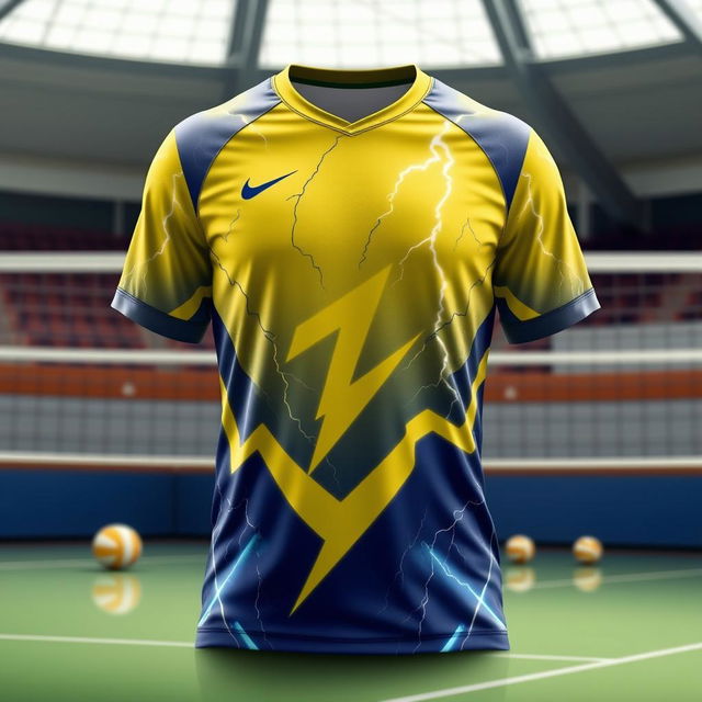 A detailed image of a volleyball jersey with a natural lightning bolt theme