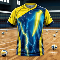 A detailed image of a volleyball jersey with a natural lightning bolt theme