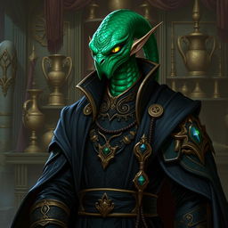 Depict Zhoraan, a Yuan-ti Pureblood and guildmaster of The Fang of Qat'taq