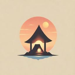 Design a tranquil logo featuring a long hut during a warm glowing sunset.