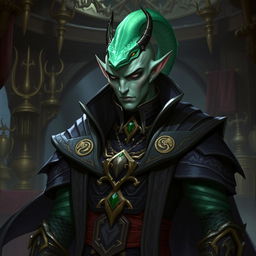 Depict Zhoraan, a Yuan-ti Pureblood and guildmaster of The Fang of Qat'taq