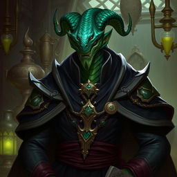 Depict Zhoraan, a Yuan-ti Pureblood and guildmaster of The Fang of Qat'taq