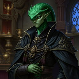 Depict Zhoraan, a Yuan-ti Pureblood and guildmaster of The Fang of Qat'taq