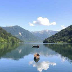 A beautiful landscape of a serene lake surrounded by lush green trees and mountains in the background