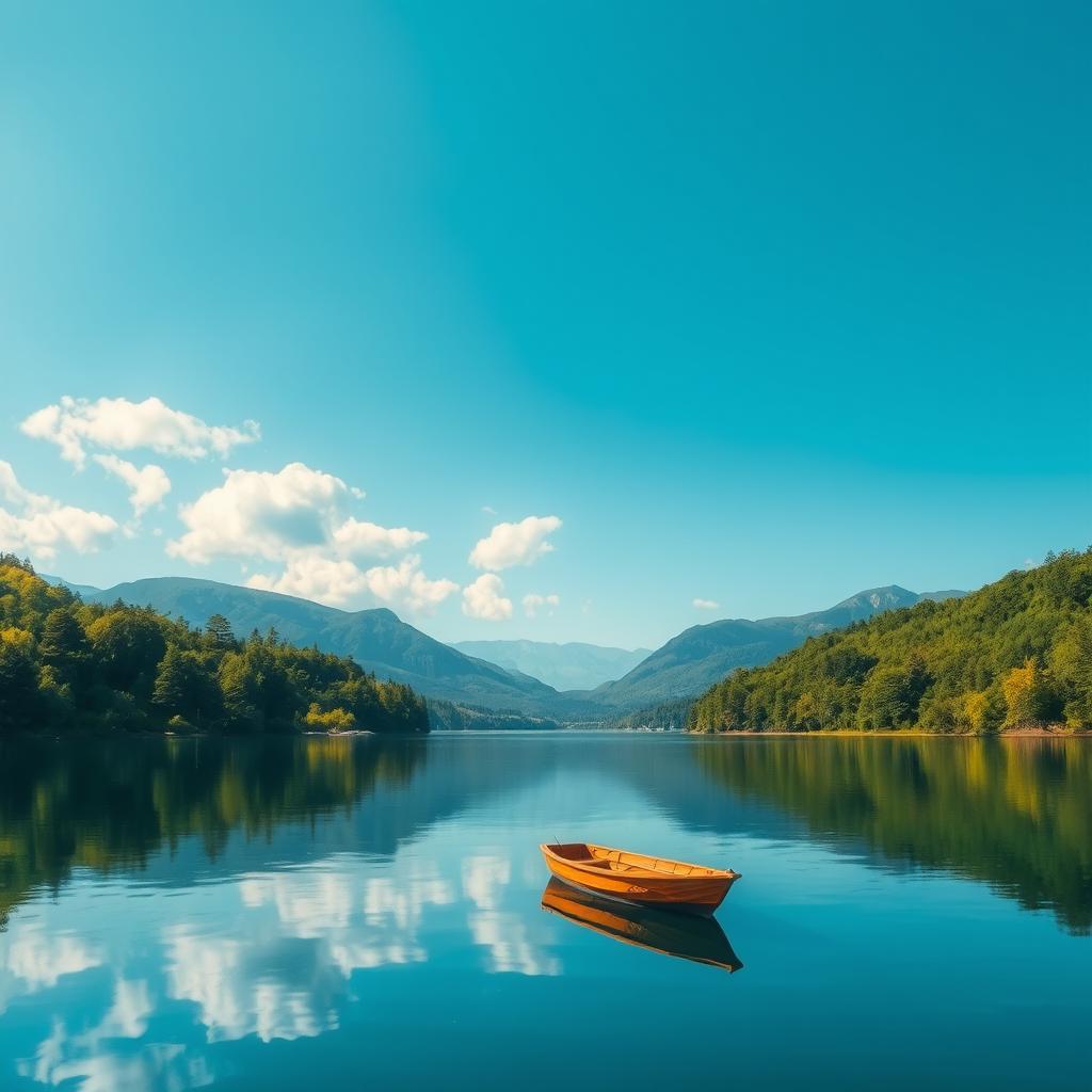 A beautiful landscape of a serene lake surrounded by lush green trees and mountains in the background