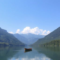 A beautiful landscape of a serene lake surrounded by lush green trees and mountains in the background