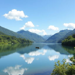 A beautiful landscape of a serene lake surrounded by lush green trees and mountains in the background