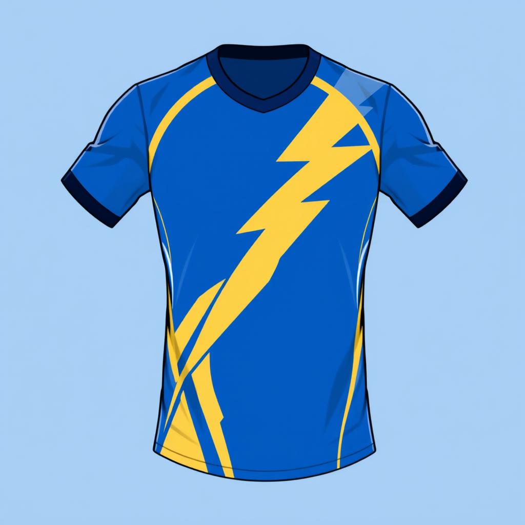 A blue volleyball jersey with a lightning bolt design