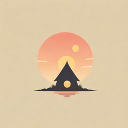 Design a tranquil logo featuring a long hut during a warm glowing sunset.