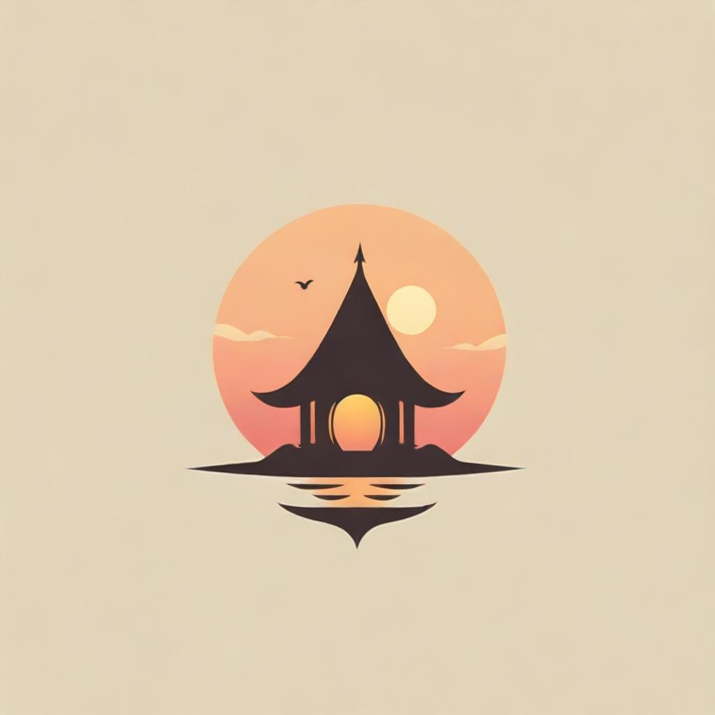 Design a tranquil logo featuring a long hut during a warm glowing sunset.