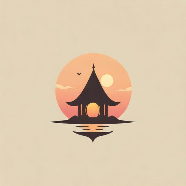 Design a tranquil logo featuring a long hut during a warm glowing sunset.