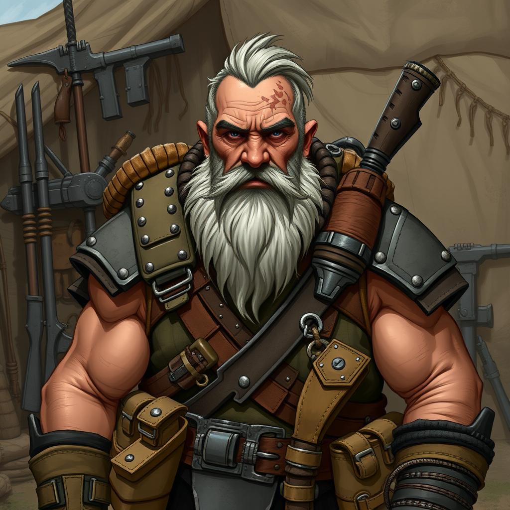 Illustrate Tolar, a grizzled human veteran with a rugged face and a weathered, battle-scarred appearance