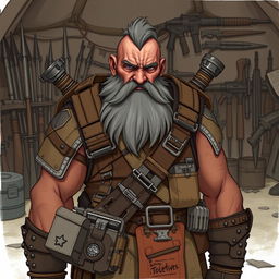 Illustrate Tolar, a grizzled human veteran with a rugged face and a weathered, battle-scarred appearance