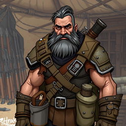 Illustrate Tolar, a grizzled human veteran with a rugged face and a weathered, battle-scarred appearance