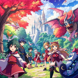 Create a vibrant and detailed anime scene featuring a group of characters in a fantasy setting