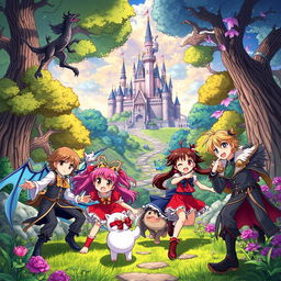 Create a vibrant and detailed anime scene featuring a group of characters in a fantasy setting