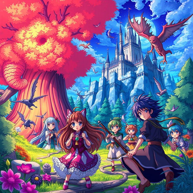 Create a vibrant and detailed anime scene featuring a group of characters in a fantasy setting