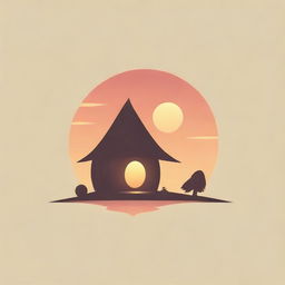 Design a tranquil logo featuring a long hut during a warm glowing sunset.