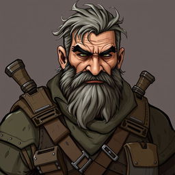 Illustrate Tolar, a grizzled human with a rugged face and a weathered, battle-scarred appearance