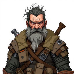 Illustrate Tolar, a grizzled human with a rugged face and a weathered, battle-scarred appearance