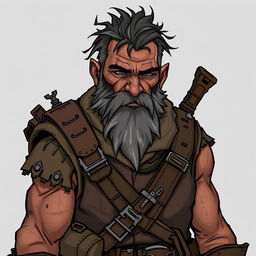 Illustrate Tolar, a grizzled human with a rugged face and a weathered, battle-scarred appearance