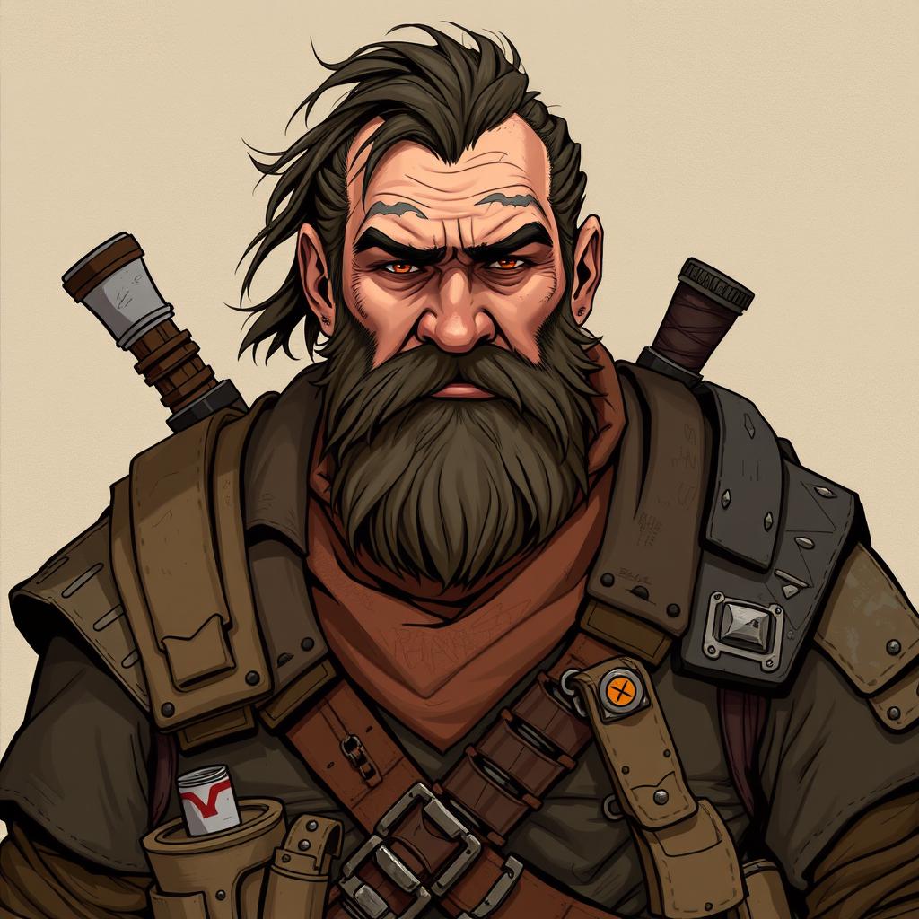 Illustrate Tolar, a grizzled human with a rugged face and a weathered, battle-scarred appearance