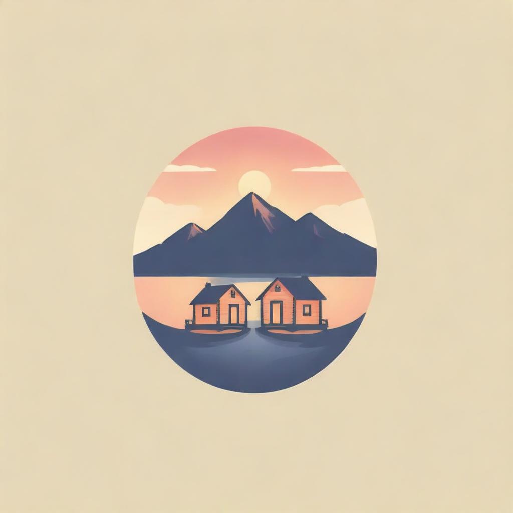 Design a cozy logo with two cabins bathed in the soft light of a picturesque sunset.