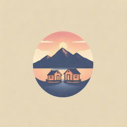 Design a cozy logo with two cabins bathed in the soft light of a picturesque sunset.