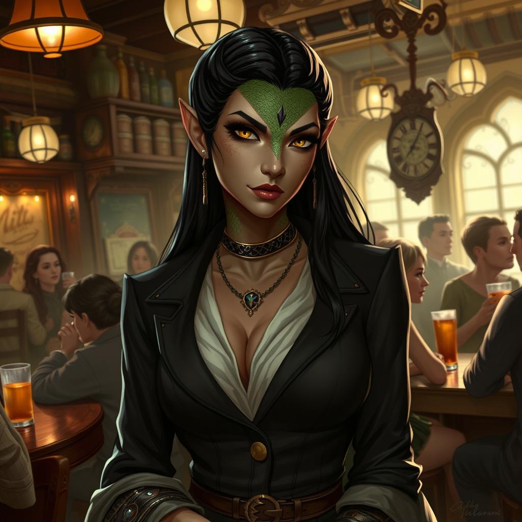 Depict Zarithra, a Yuan-ti Pureblood tavern owner, with sleek, serpentine features and a commanding presence