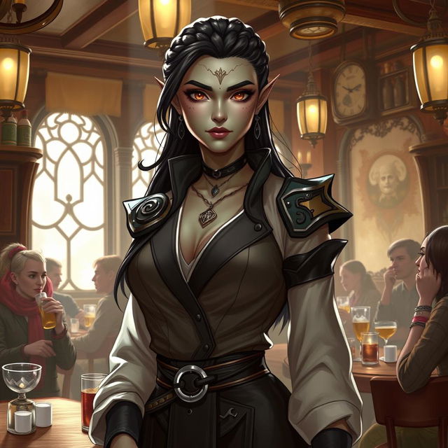 Depict Zarithra, a Yuan-ti Pureblood tavern owner, with sleek, serpentine features and a commanding presence