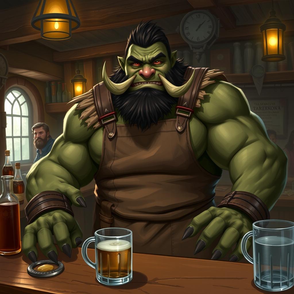 Depict Rakkon, a hulking half-orc bartender with a kind expression