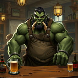 Depict Rakkon, a hulking half-orc bartender with a kind expression