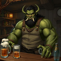 Depict Rakkon, a hulking half-orc bartender with a kind expression