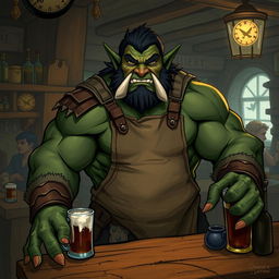 Depict Rakkon, a hulking half-orc bartender with a kind expression