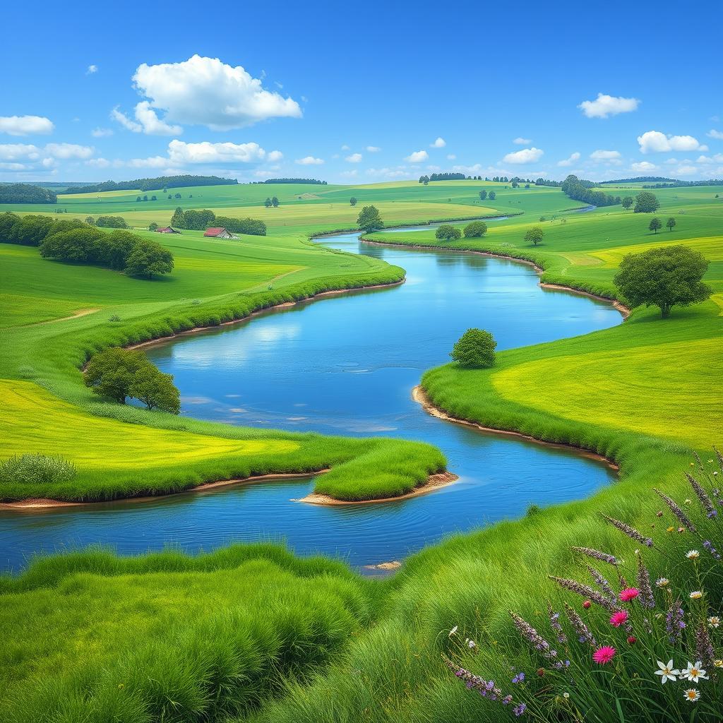 Create a beautiful image of a serene landscape with a clear blue sky, lush green fields, and a calm river flowing through the scene