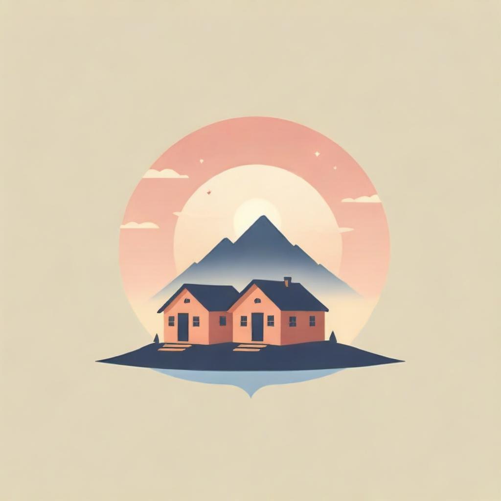 Design a cozy logo with two cabins bathed in the soft light of a picturesque sunset.