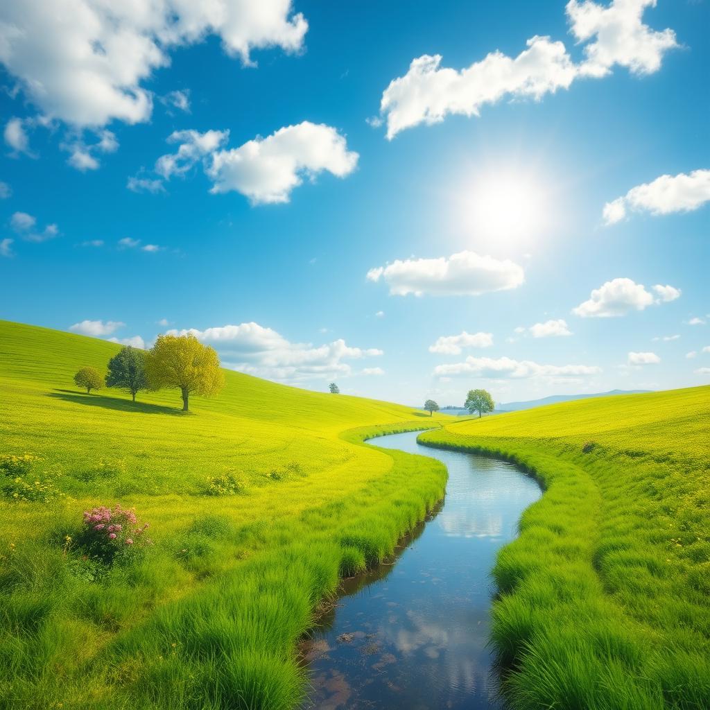 Create a beautiful image of a serene landscape with a clear blue sky, lush green fields, and a calm river flowing through the scene