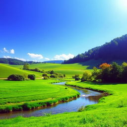 Create a beautiful image of a serene landscape with a clear blue sky, lush green fields, and a calm river flowing through the scene