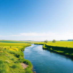 Create a beautiful image of a serene landscape with a clear blue sky, lush green fields, and a calm river flowing through the scene