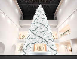 Create a photorealistic photograph of a building inspired by the provided sketch of a white Christmas tree adorned with ribbons