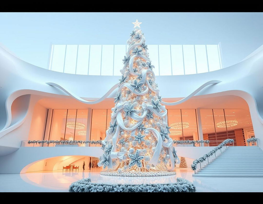 Create a photorealistic photograph of a building inspired by the provided sketch of a white Christmas tree adorned with ribbons